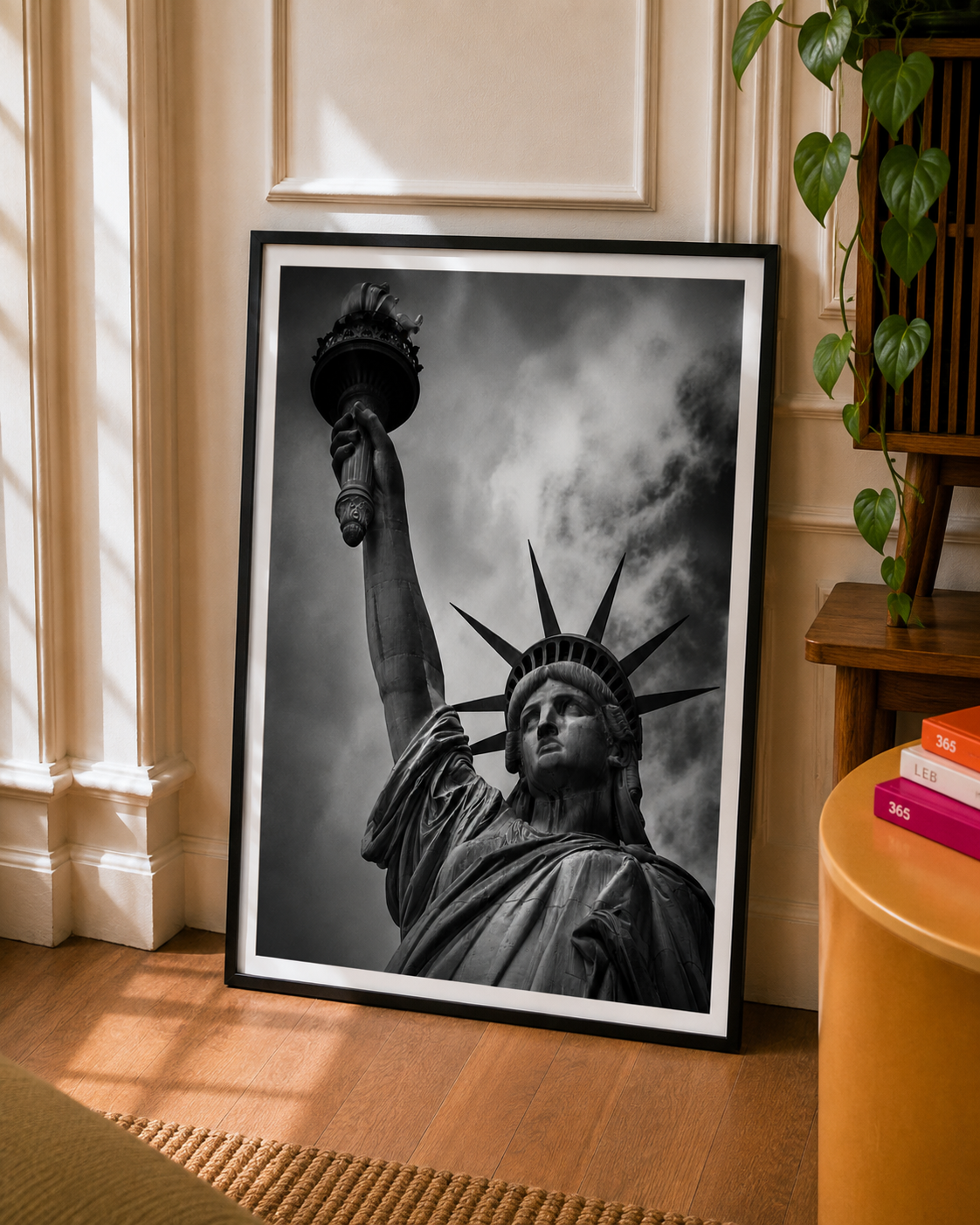 Statue of Liberty Art Print with a dramatic black and white view beneath a cloudy New York sky