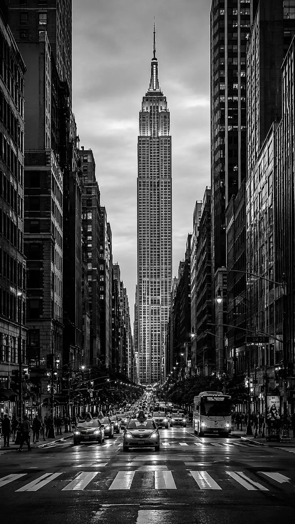 Black-and-white NYC street scene art print with cars and skyscrapers around central tower