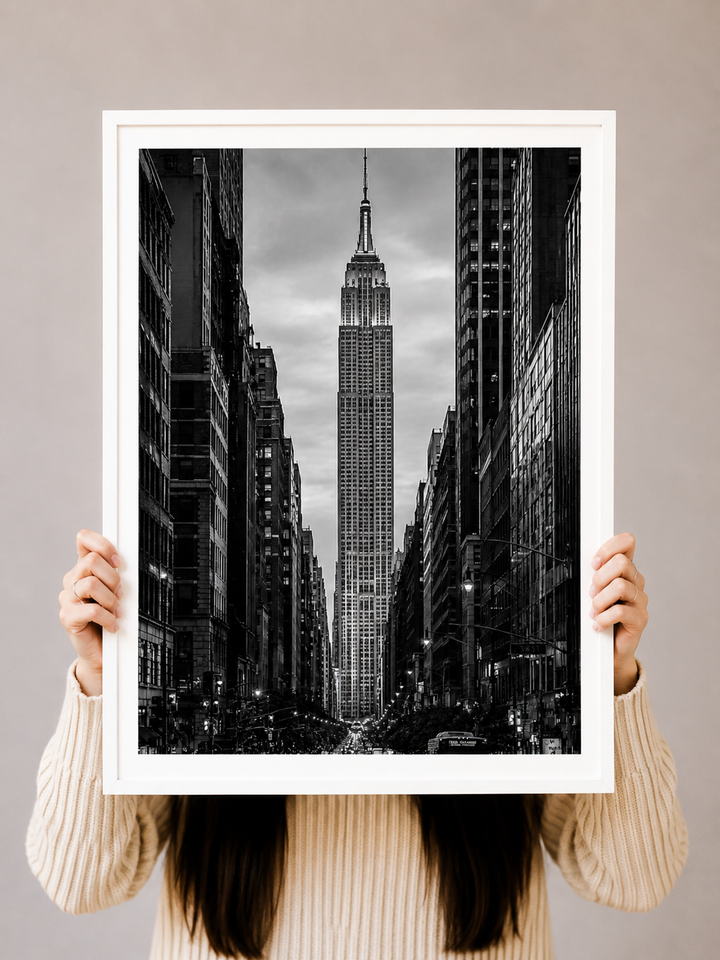 New York Street Photography Art Print displayed as black and white NYC wall art in a modern interior