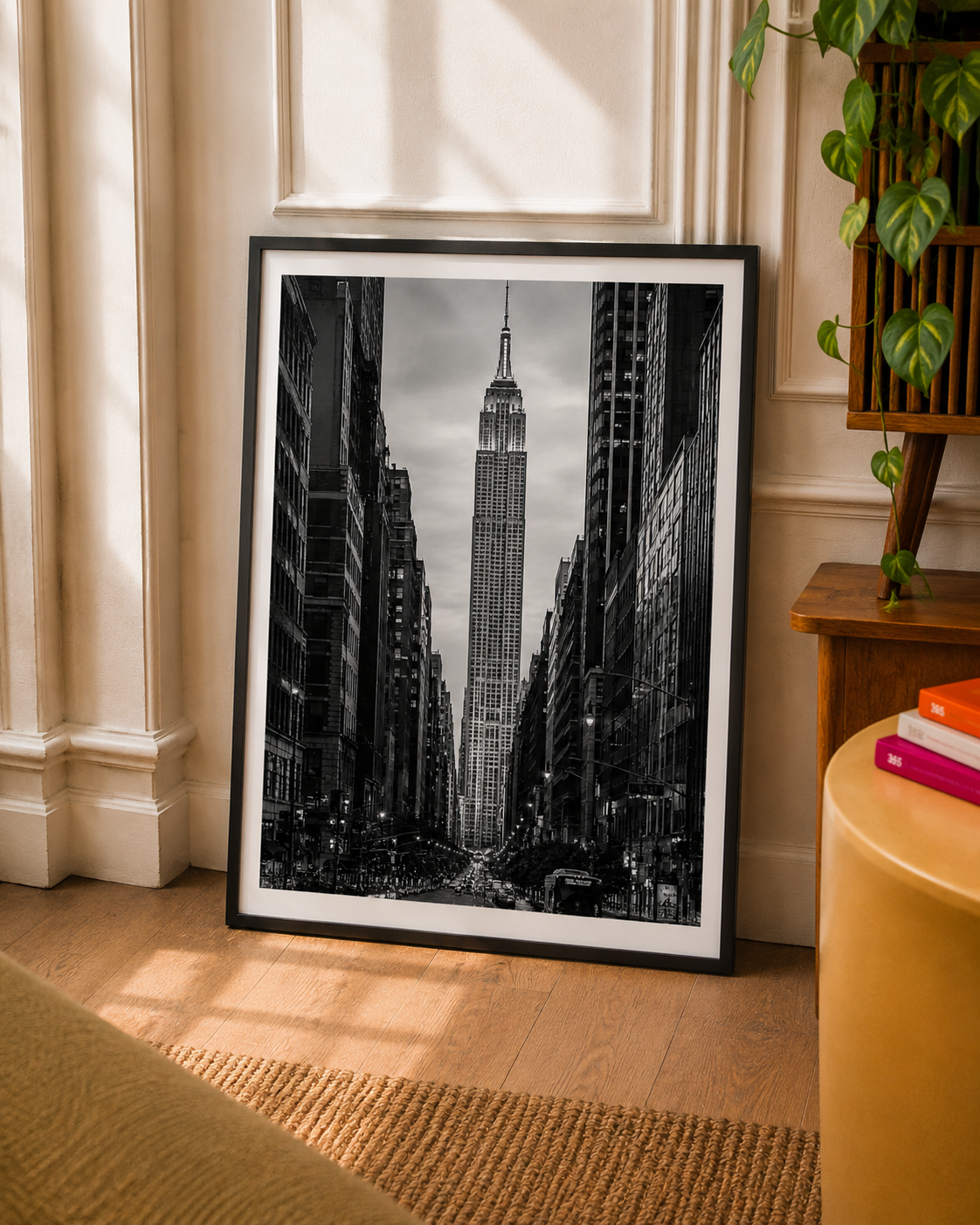 New York Street Photography Art Print featuring the Empire State Building between classic Manhattan architecture