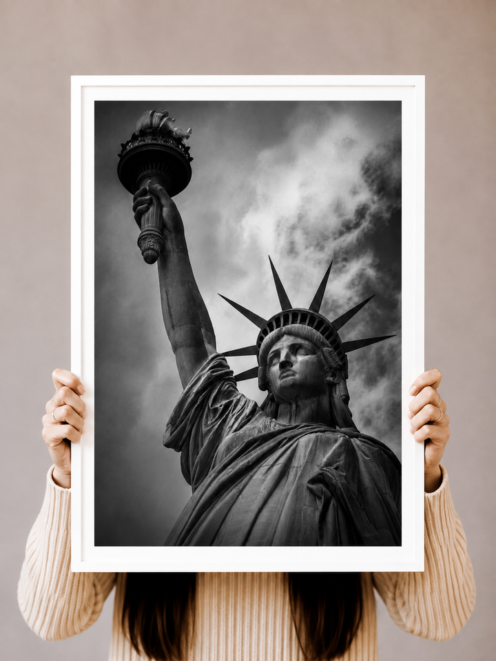 Statue of Liberty Art Print showing the iconic monument from a powerful low angle perspective