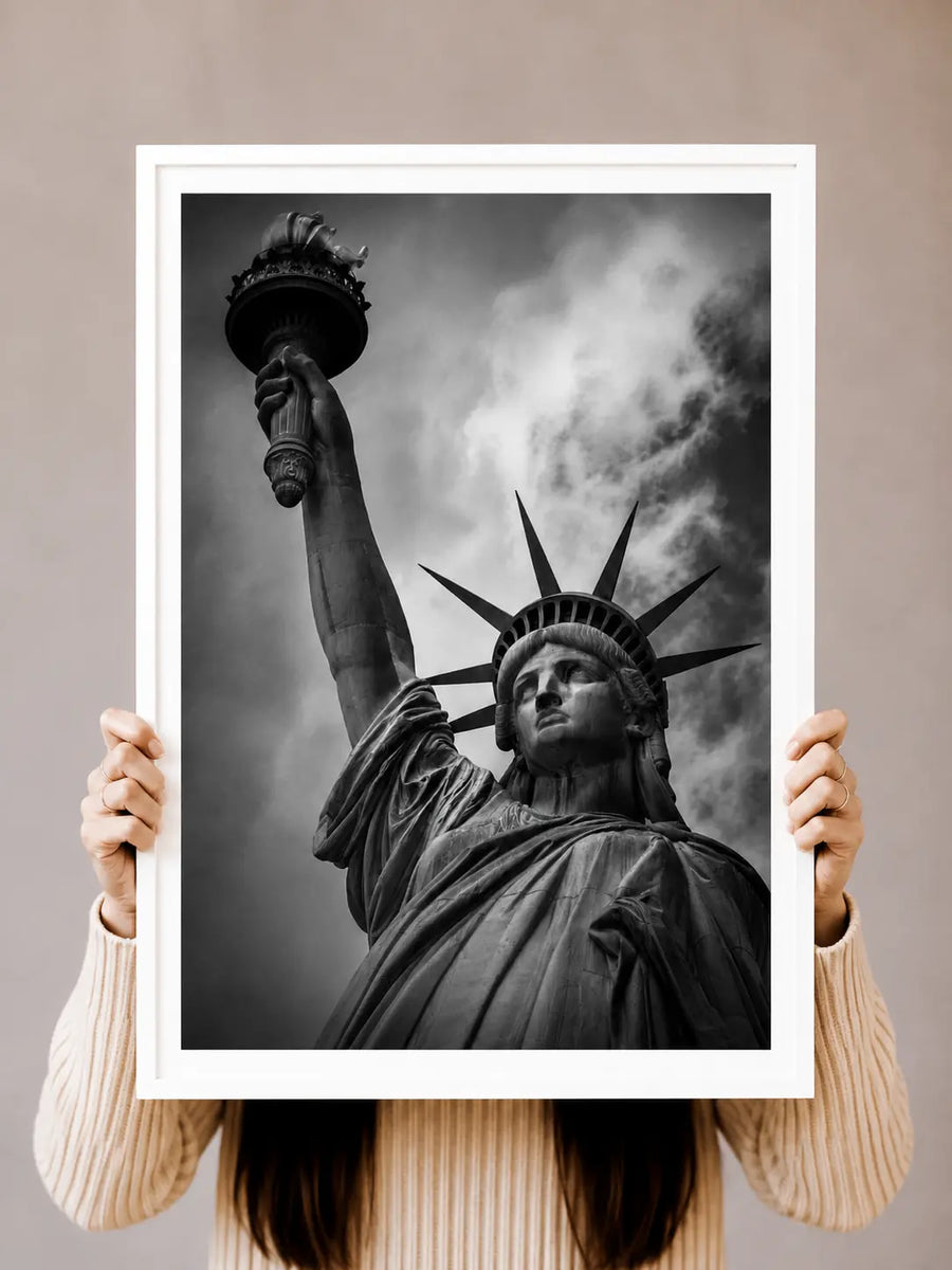 Statue of Liberty Art Print showing the iconic monument from a powerful low angle perspective
