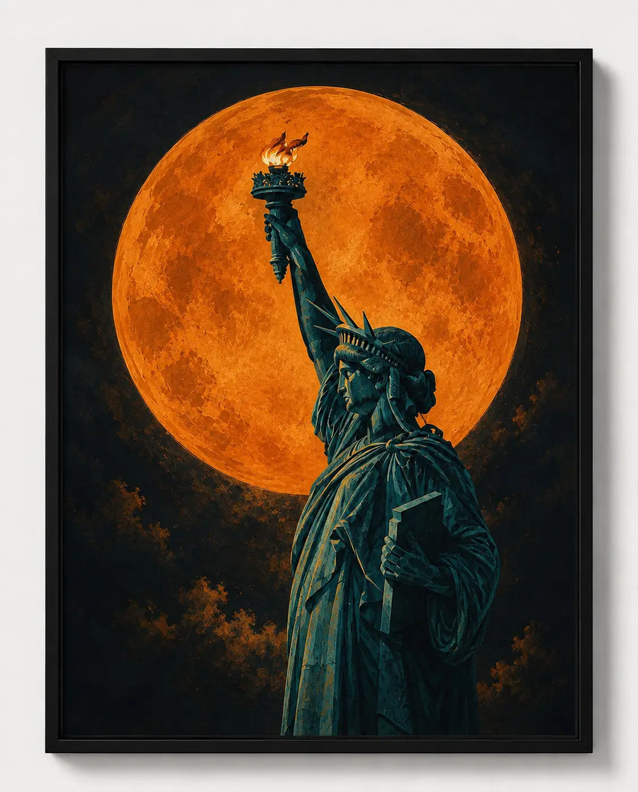Black-framed Statue of Liberty moon wall art print with orange full moon