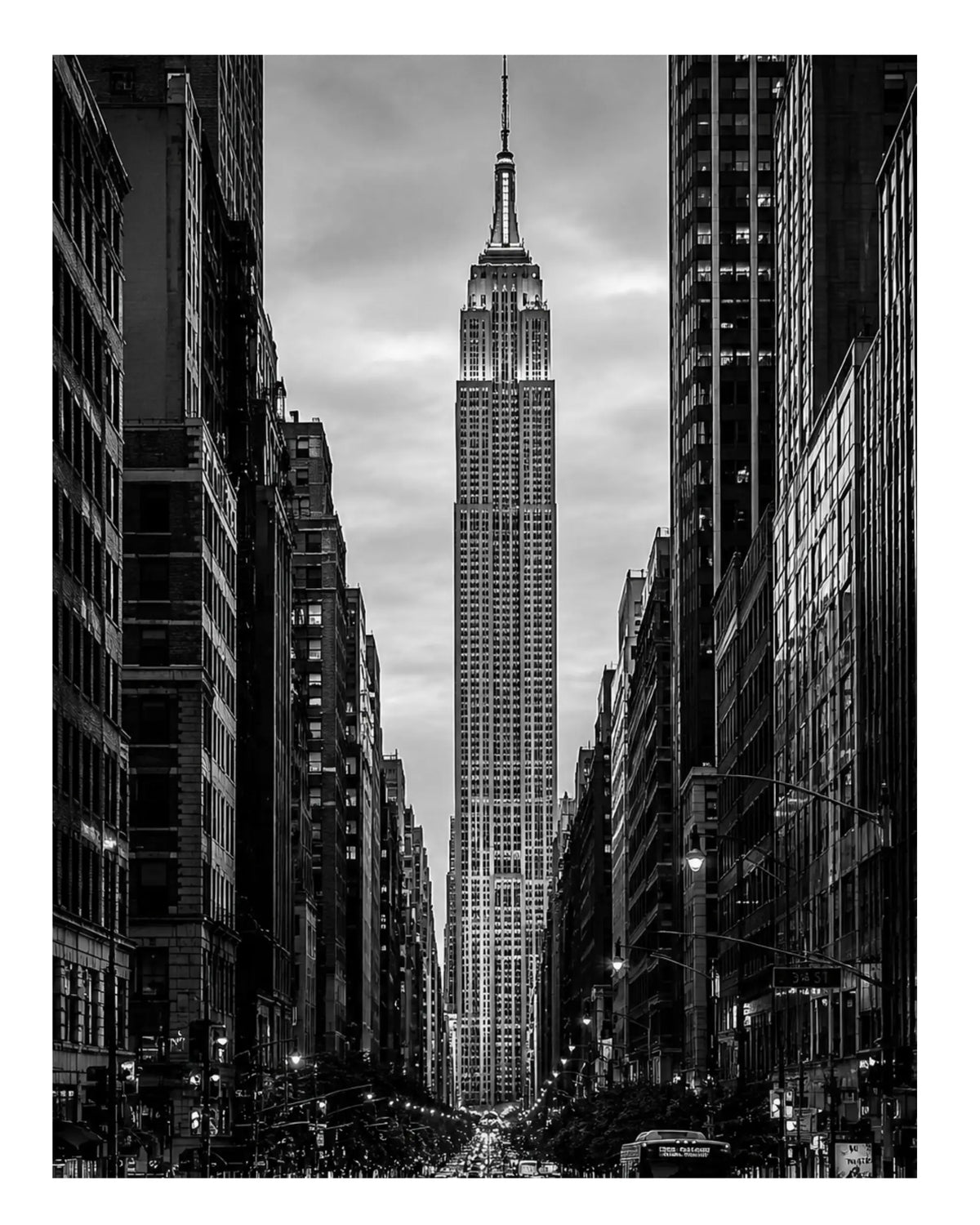 Black-and-white NYC skyline art print with Empire State Building centered on poster paper