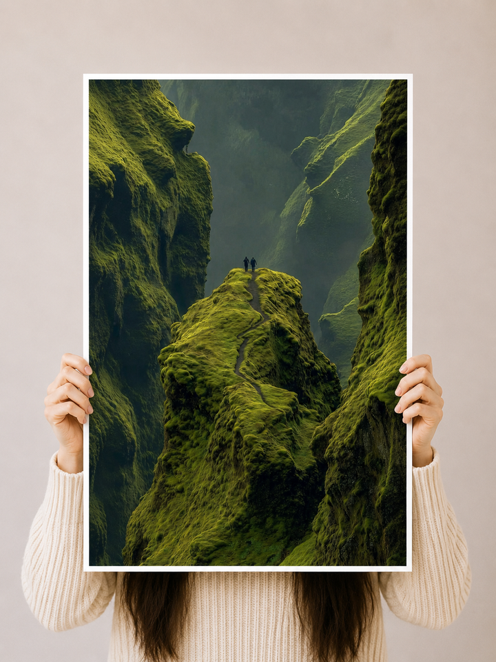 Misty Green Valley Art Print featuring towering moss covered peaks and dense wilderness scenery