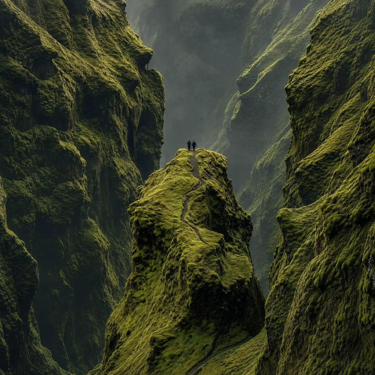 Close-up green valley art print with mossy cliffs, misty sky, and hikers