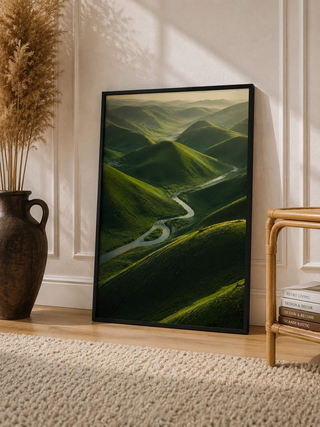 Winding Road Green Hills Art Print featuring a curved road through lush rolling countryside