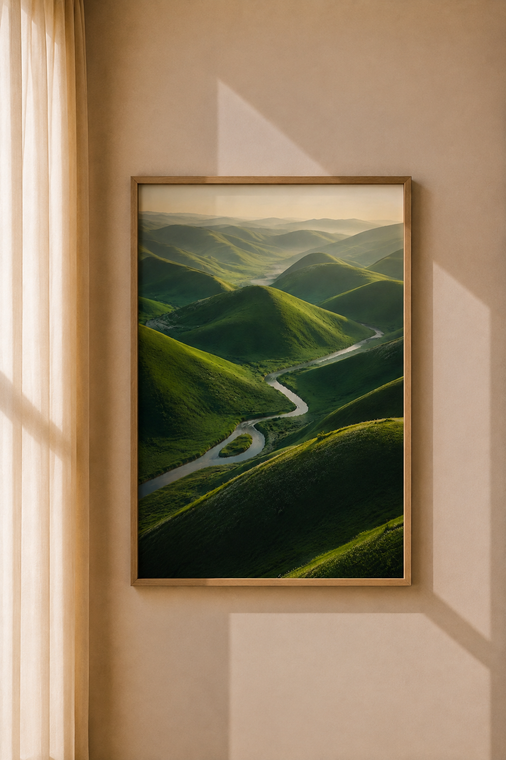 Winding Road Green Hills Art Print displayed as scenic nature wall art in a warm modern interior