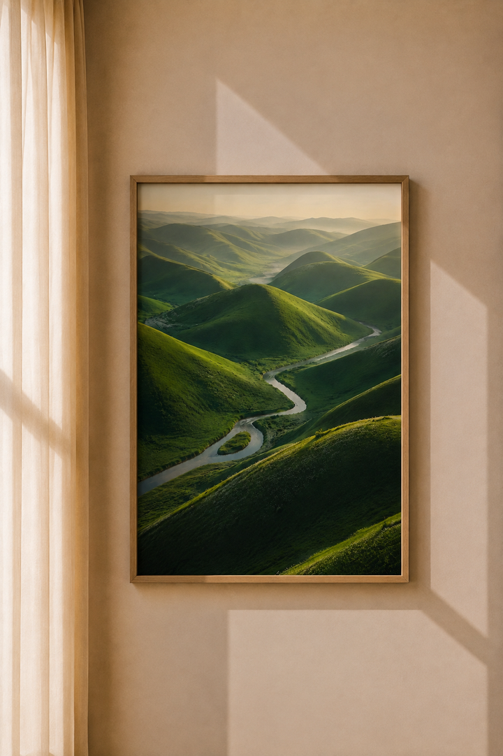 Winding Road Green Hills Art Print displayed as scenic nature wall art in a warm modern interior
