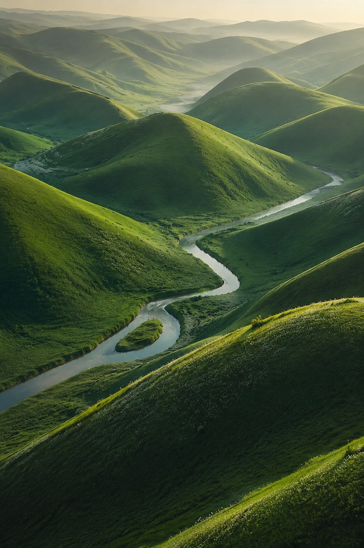 Winding Road Green Hills Art Print featuring rolling hills, soft sunlight and a scenic curved road