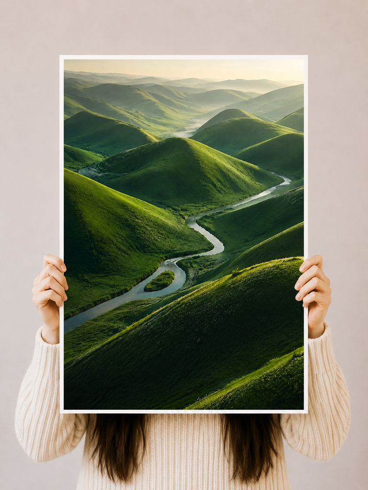 Winding Road Green Hills Art Print featuring layered green slopes and a peaceful countryside road