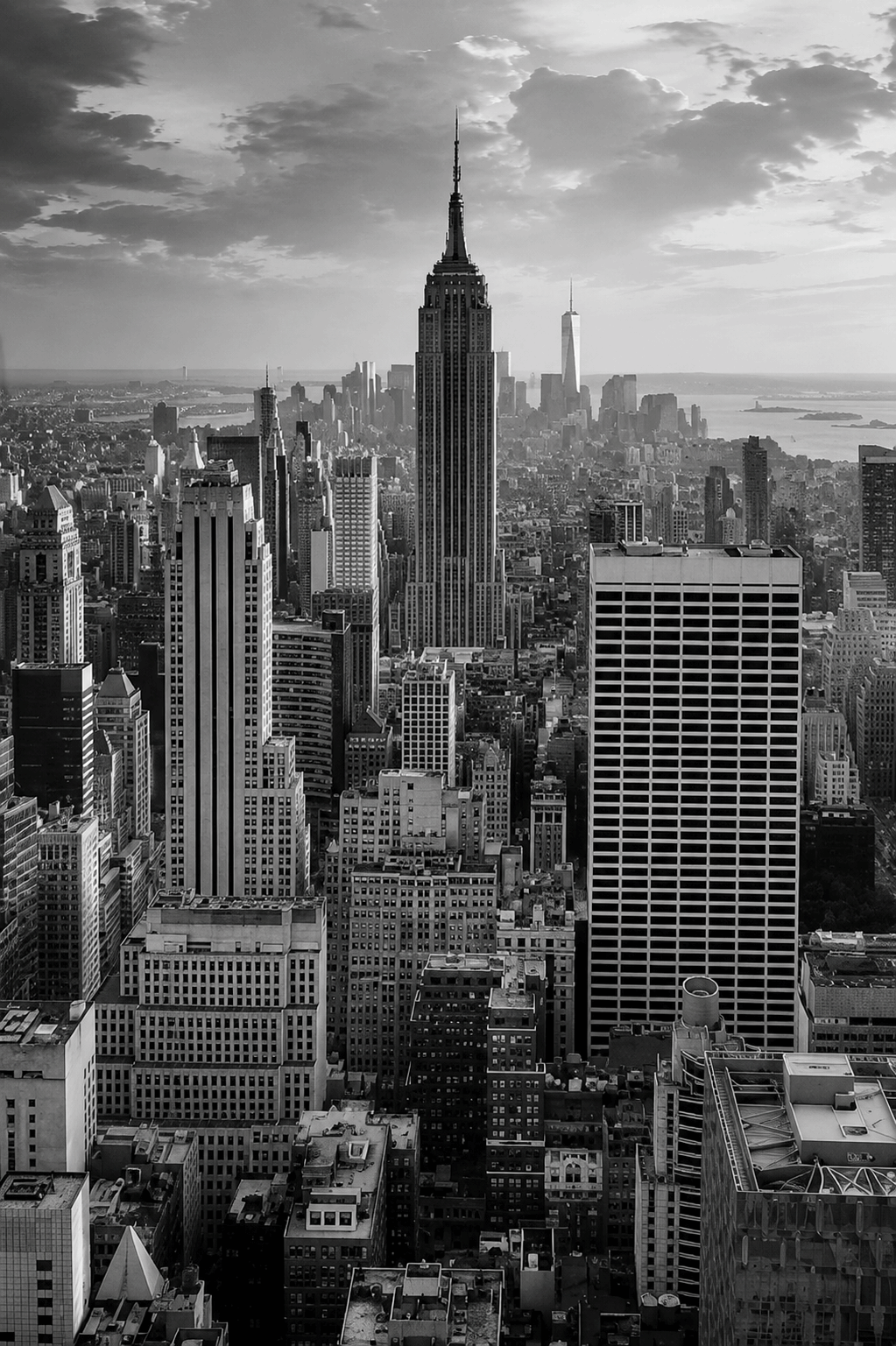 Black-and-white New York City skyscraper poster, tall vertical cityscape view