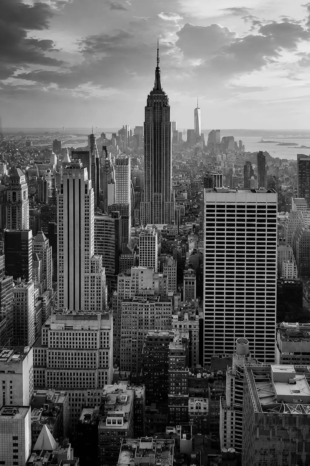 Black-and-white New York City skyscraper poster, tall vertical cityscape view