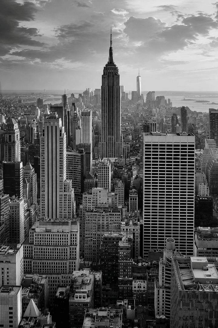Black-and-white New York City skyscraper poster, tall vertical cityscape view