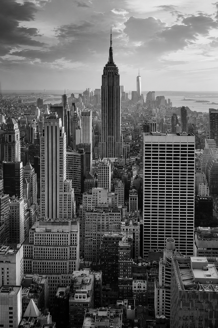 New York City Poster featuring the iconic Manhattan skyline in a timeless black and white cityscape.
