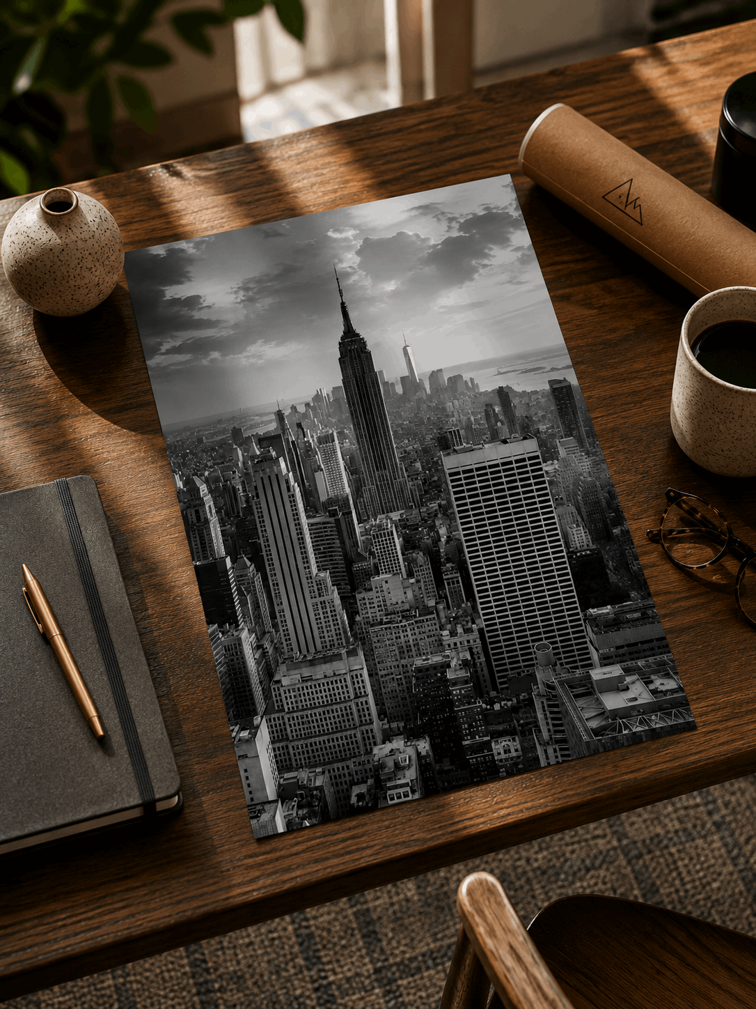 Vertical black-and-white New York City skyscraper poster on a wooden desk, unframed
