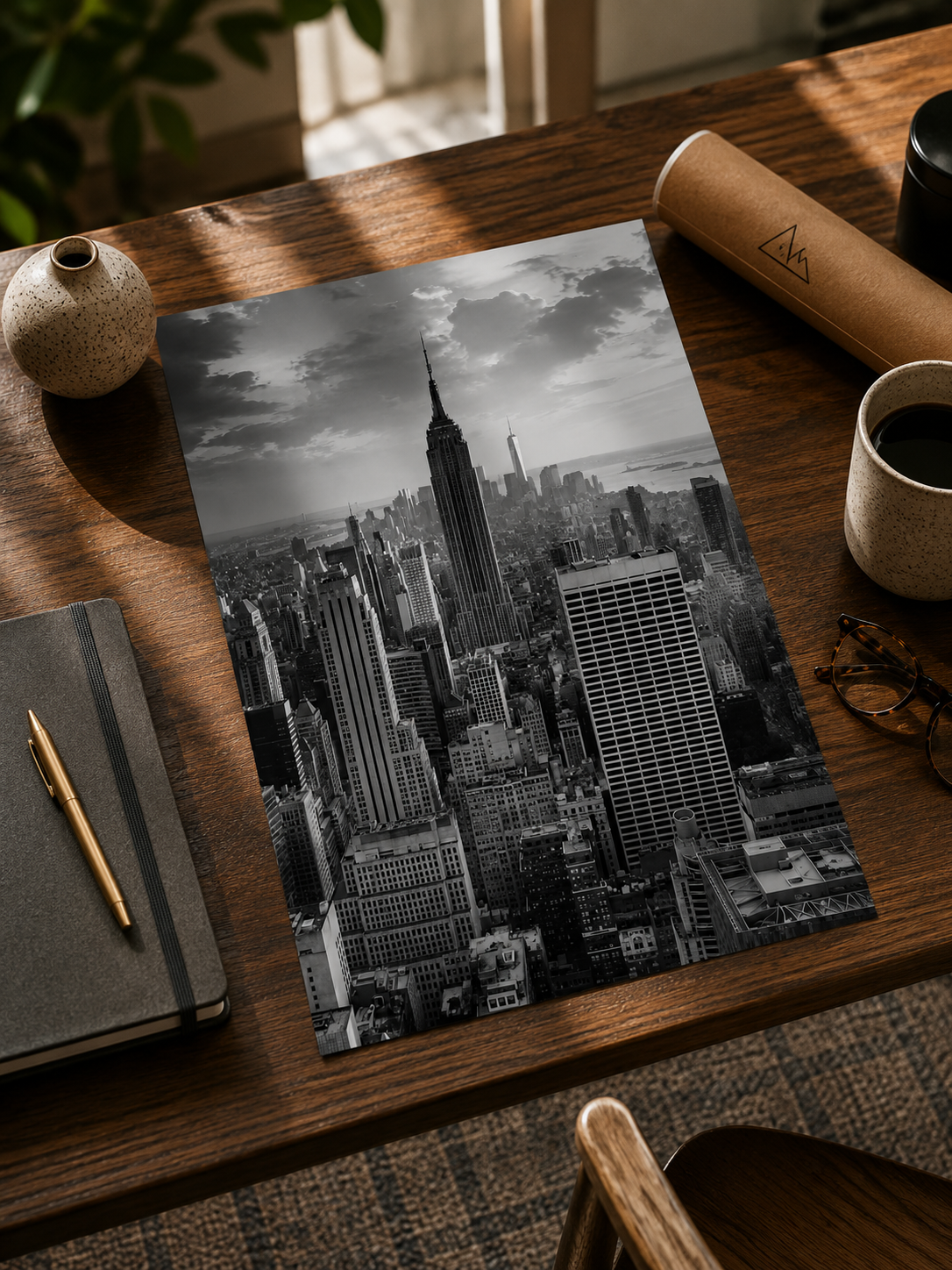 New York City Poster showcasing the Empire State Building rising above the New York skyline in monochrome.