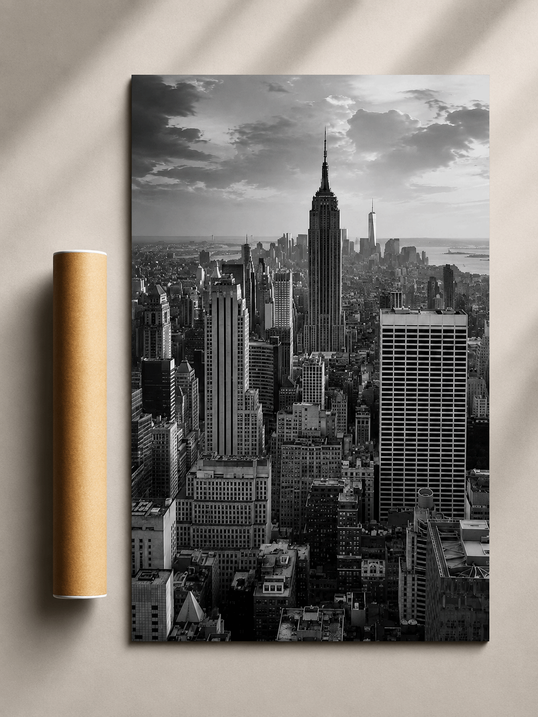 Black-framed black-and-white New York City skyscraper poster, vertical city view