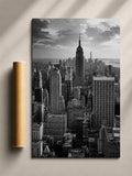 Black-framed black-and-white New York City skyscraper poster, vertical city view