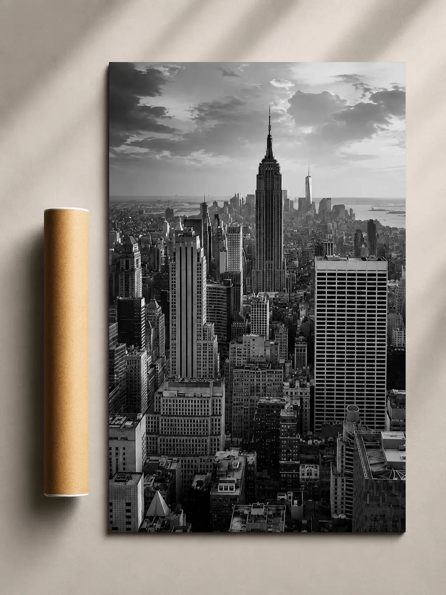 Black-framed black-and-white New York City skyscraper poster, vertical city view
