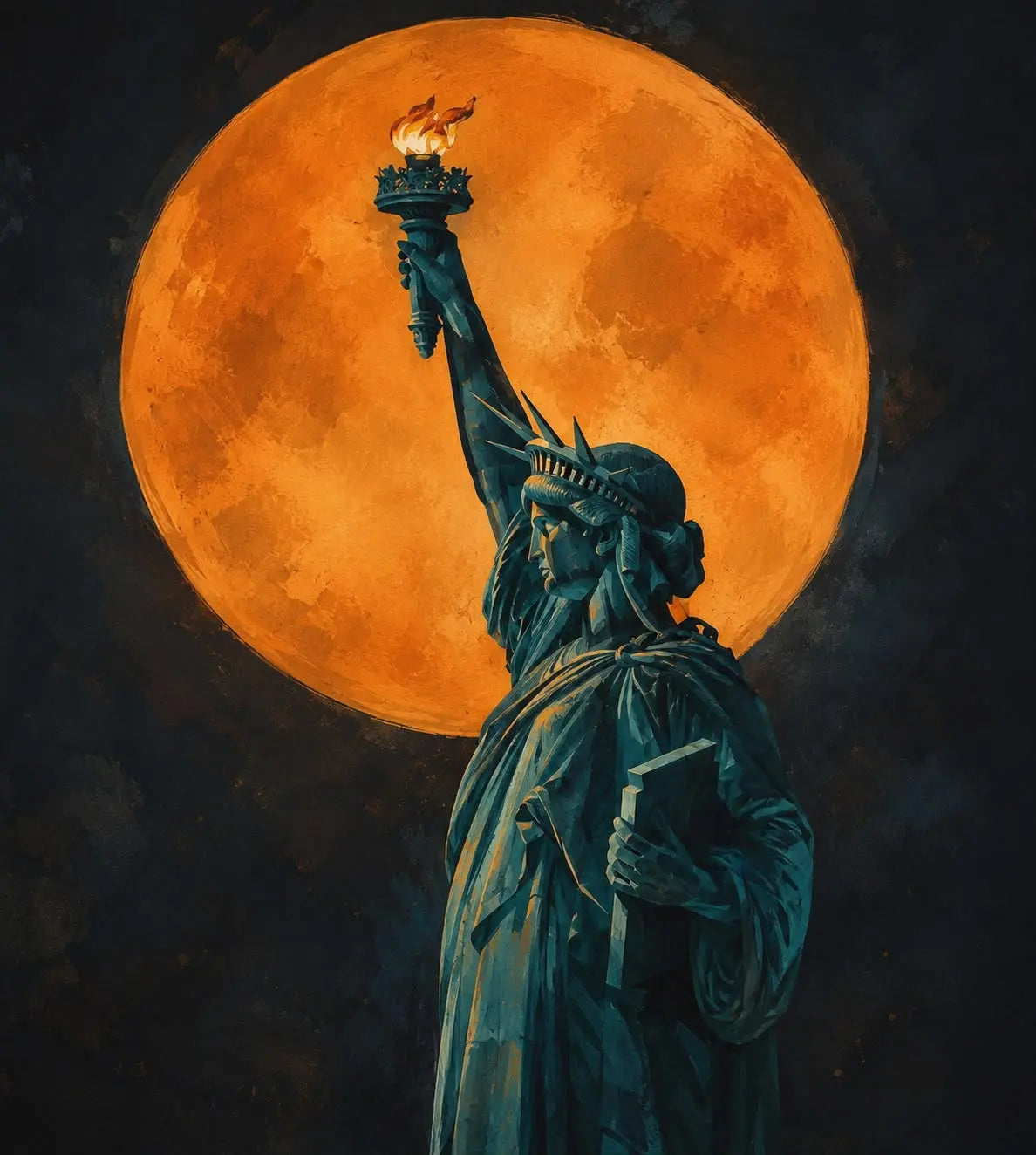 Statue of Liberty moon wall art print with orange full moon and torch