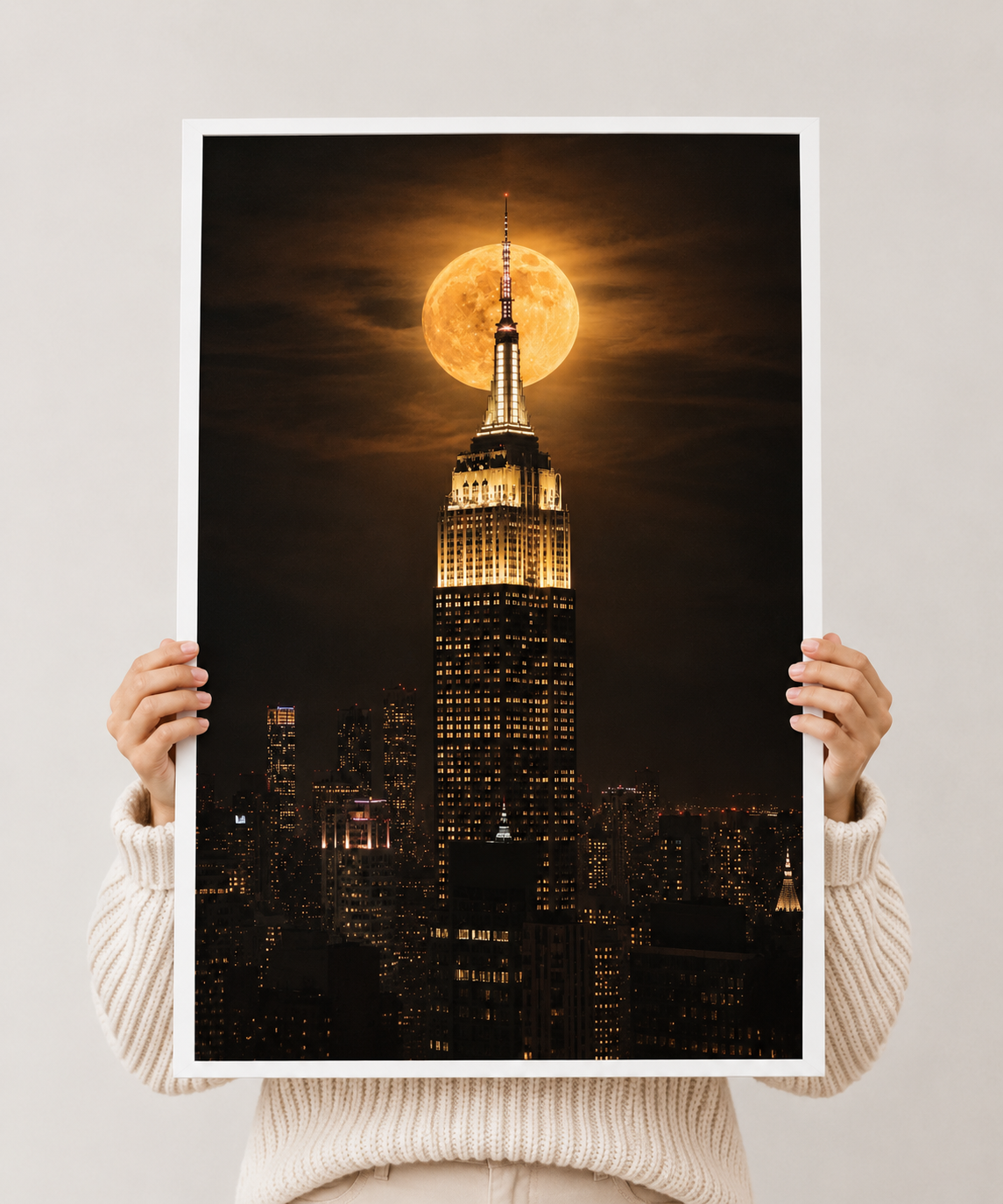 Framed Empire State Building Moon Print displaying New York City's iconic skyline under a luminous moonlit sky.