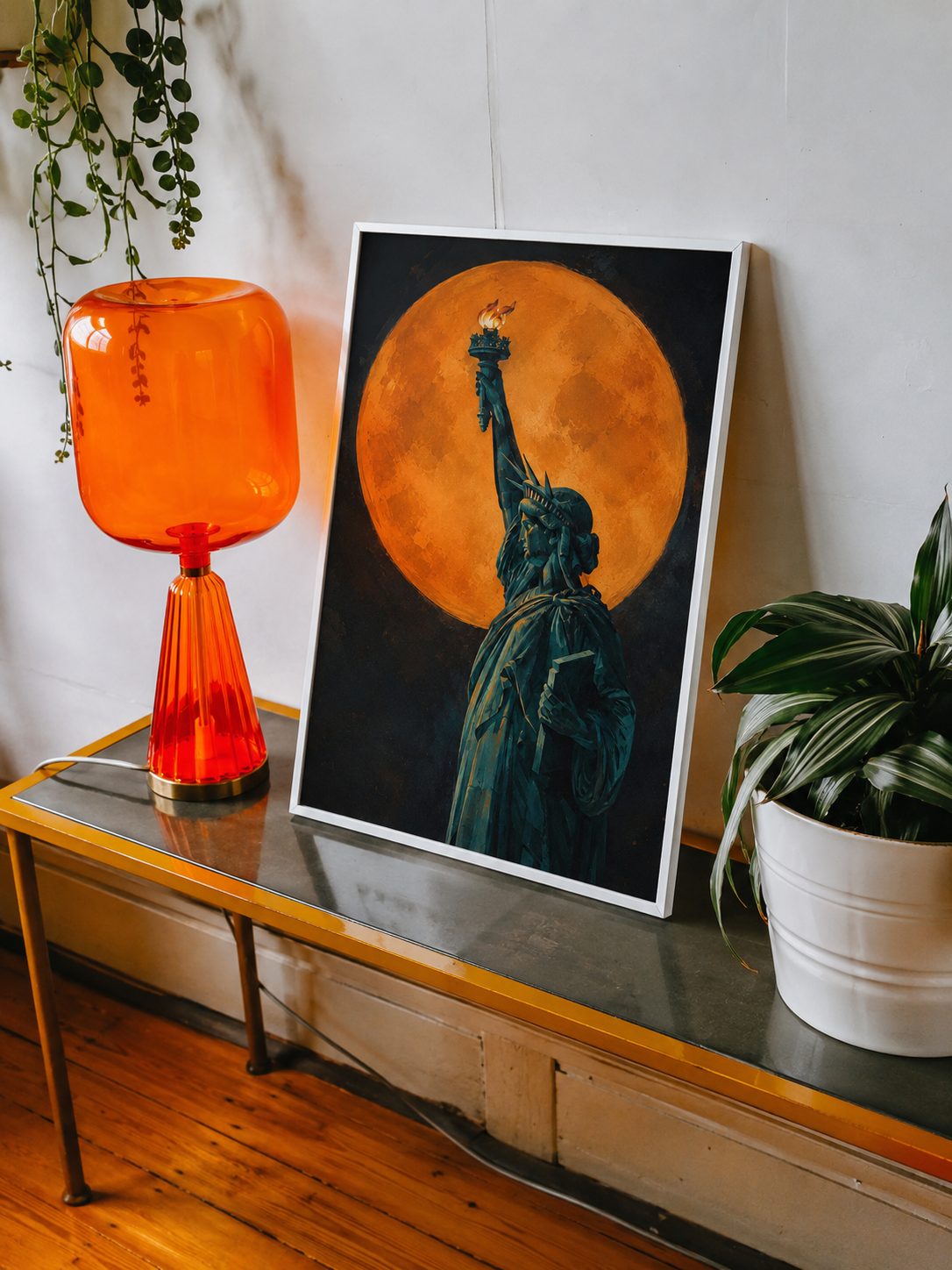 Framed Statue of Liberty moon wall art print, turquoise statue beside orange moon