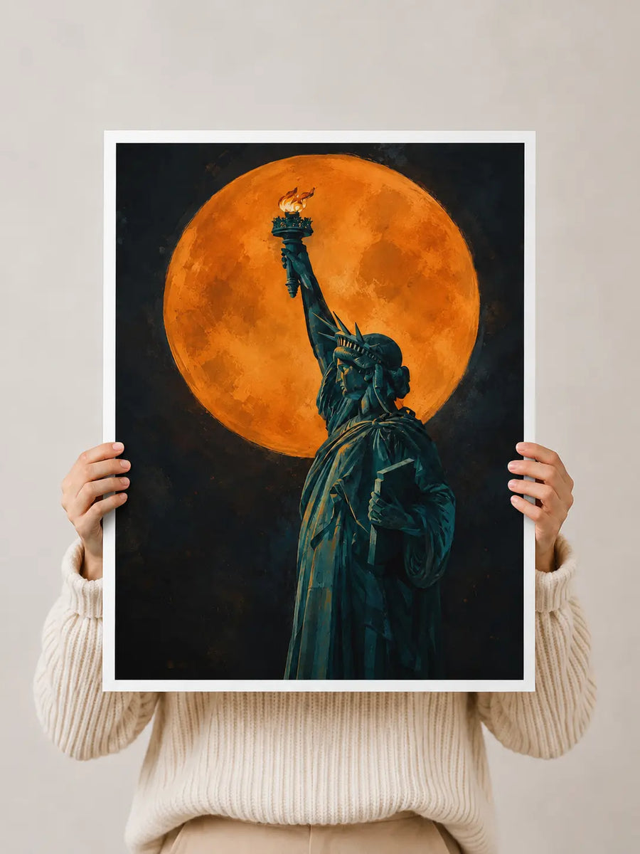 White-bordered Statue of Liberty moon wall art print with orange full moon