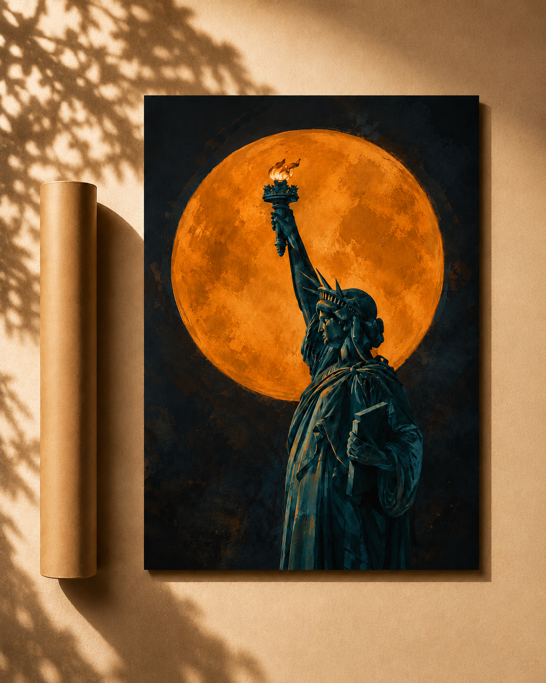 Statue of Liberty moon wall art print on beige wall with orange full moon