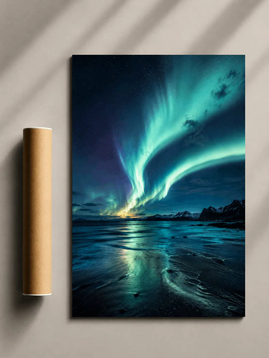 Framed landscape poster with teal aurora over ocean, dark blue sky, black border