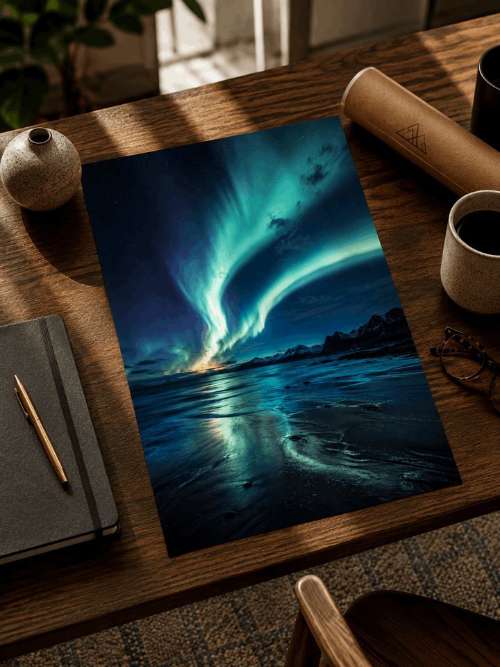 Landscape poster with teal aurora over ocean, dark blue sky, on wooden surface