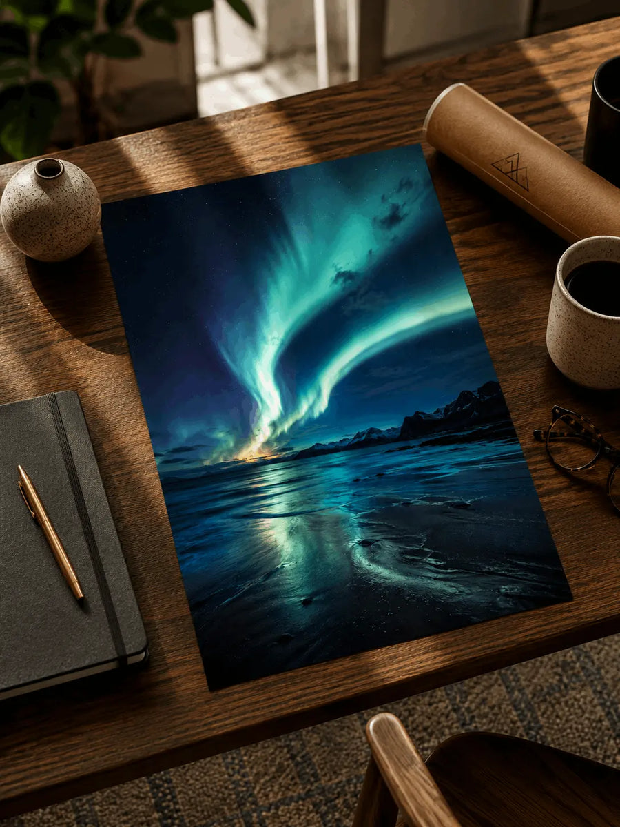 Landscape poster with teal aurora over ocean, dark blue sky, on wooden surface