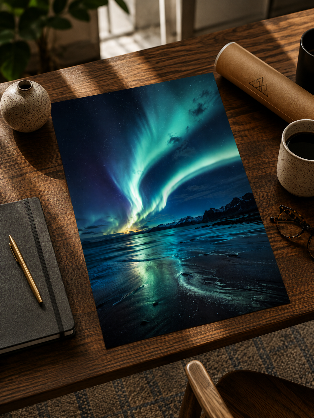 Northern Lights Landscape Poster showcasing colourful aurora skies over snow-covered mountains and a tranquil northern shoreline.