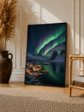 Framed Northern Lights aurora art print, green aurora over snowy peaks and warmly lit harbor