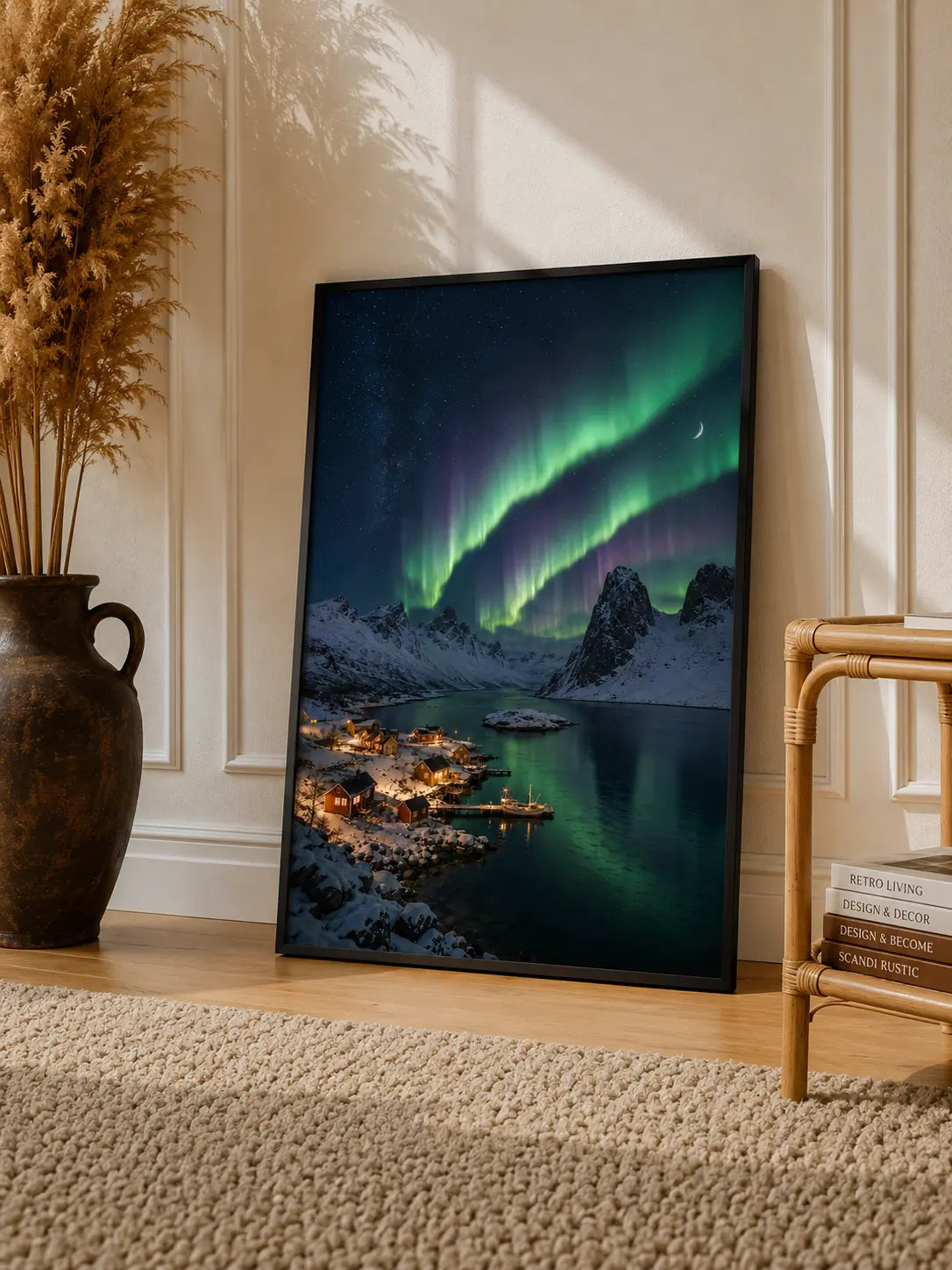 Framed Northern Lights aurora art print, green aurora over snowy peaks and warmly lit harbor