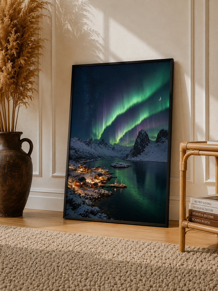 Northern Lights Aurora Art Print featuring glowing green aurora above snowy Arctic mountains