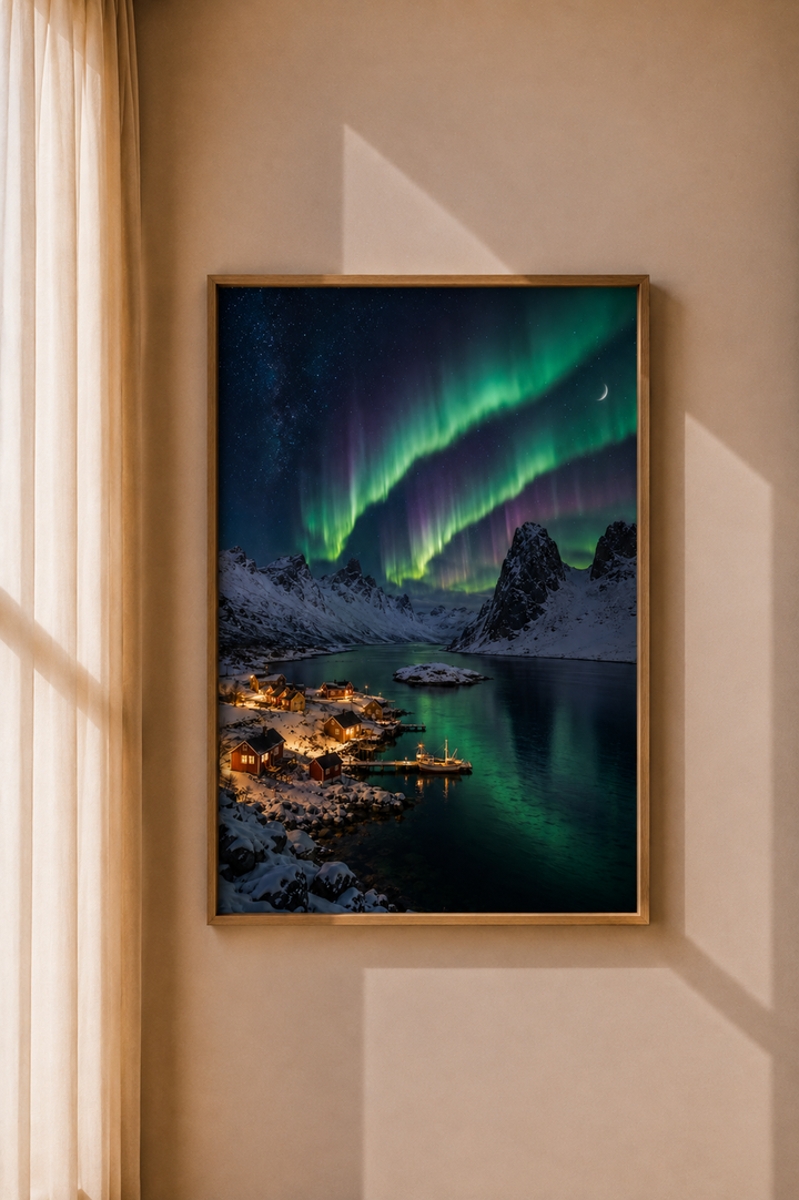 Northern Lights Aurora Art Print featuring emerald aurora reflections across calm Arctic water