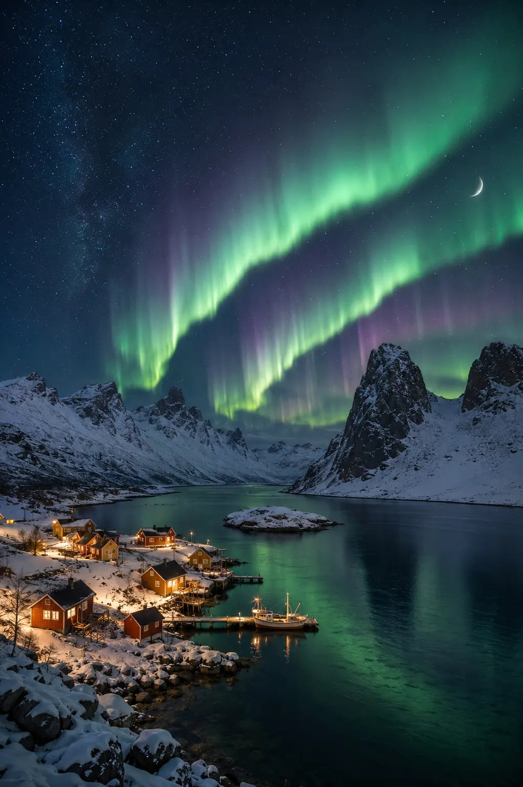 Northern Lights aurora art print close-up, green aurora bands over snow-covered peaks and water