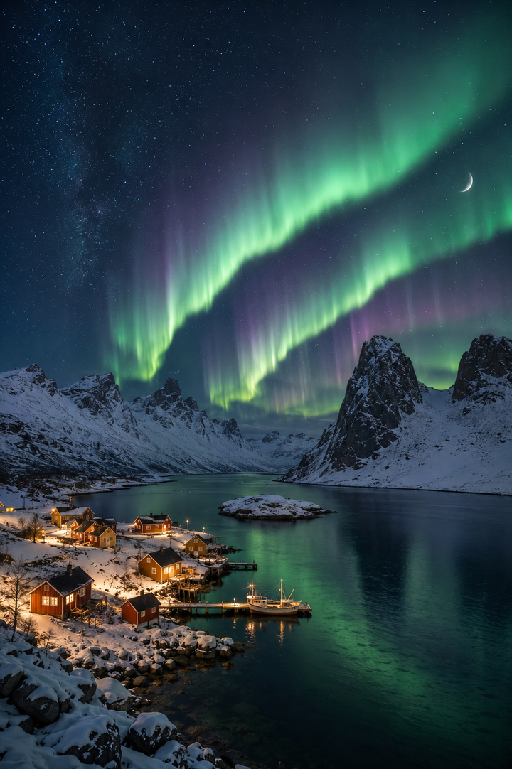 Northern Lights Aurora Art Print featuring rugged snowy mountains, deep blue water and glowing northern skies