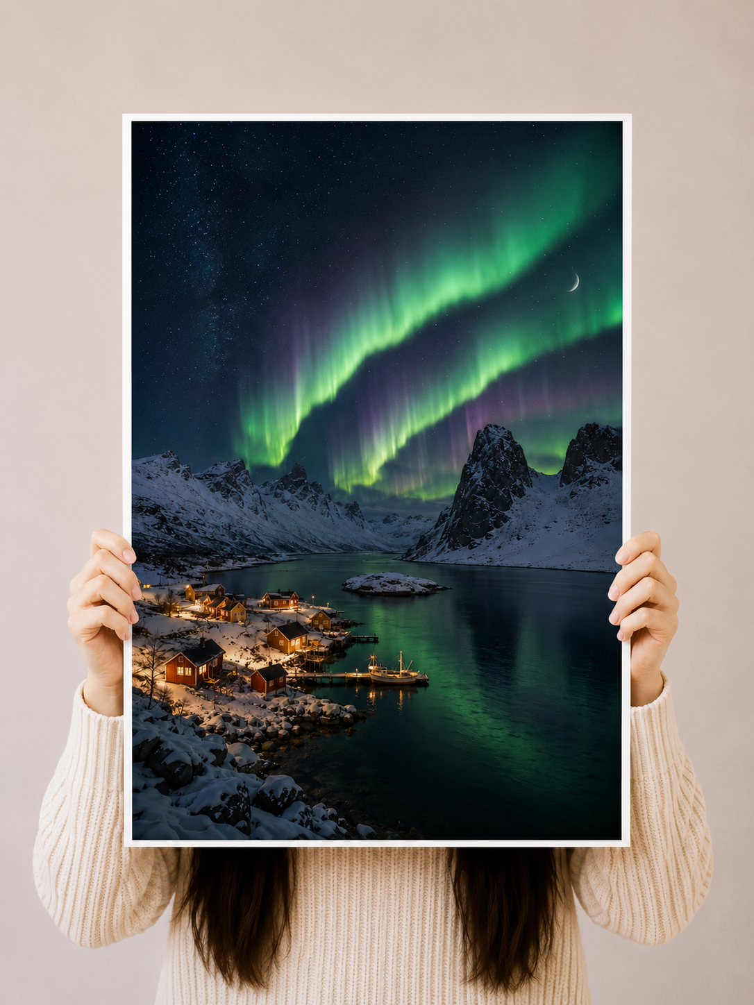 Northern Lights Aurora Art Print with vivid green skies, a quiet fjord and illuminated winter village