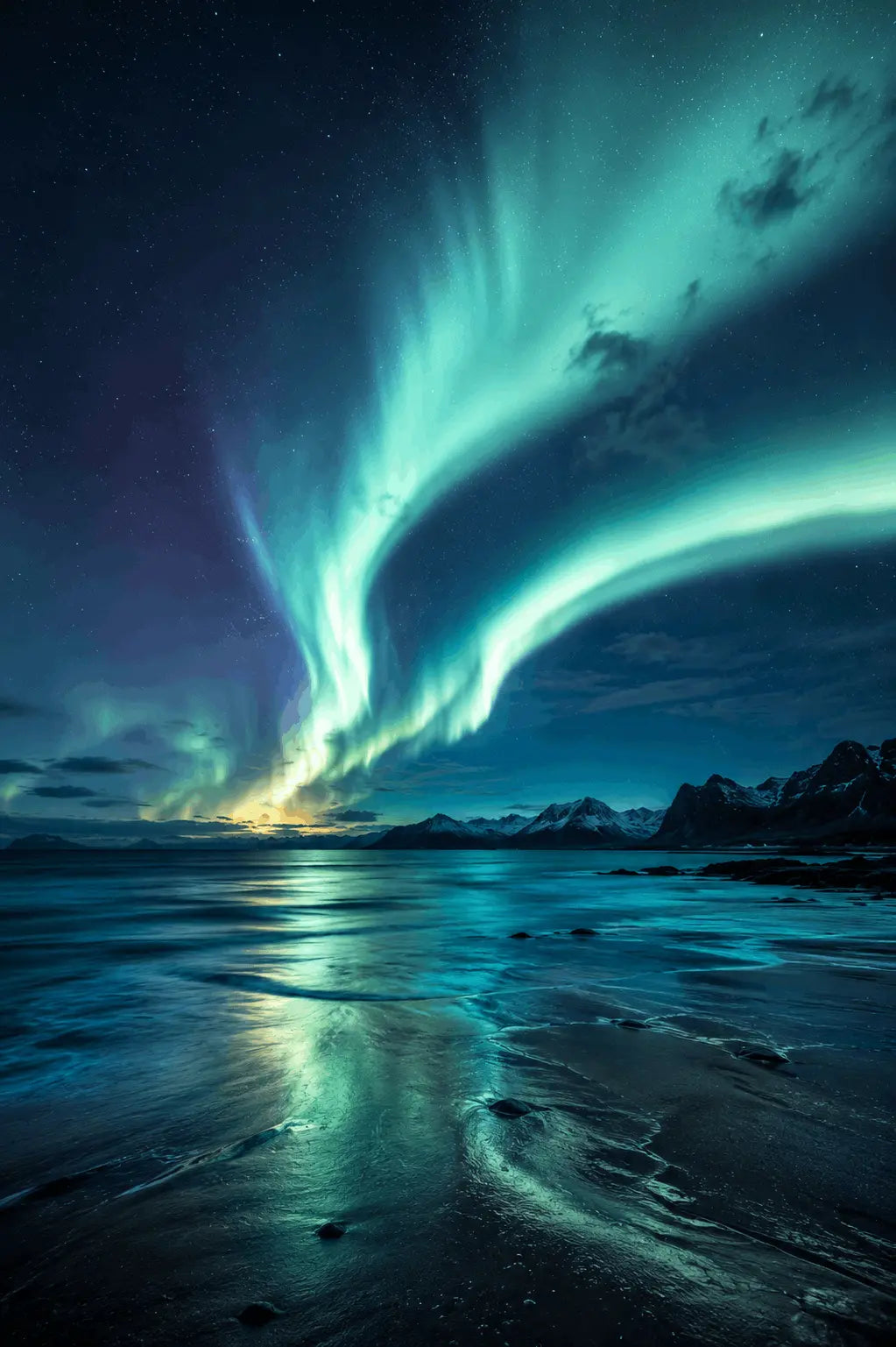 Aurora landscape poster with teal light over ocean at night, dark blue sky