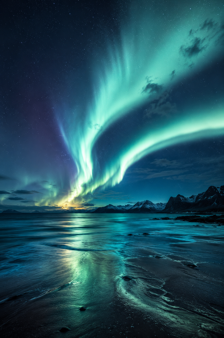 Northern Lights Landscape Poster featuring vibrant Aurora Borealis above a peaceful Arctic coastline with crystal-clear reflections.