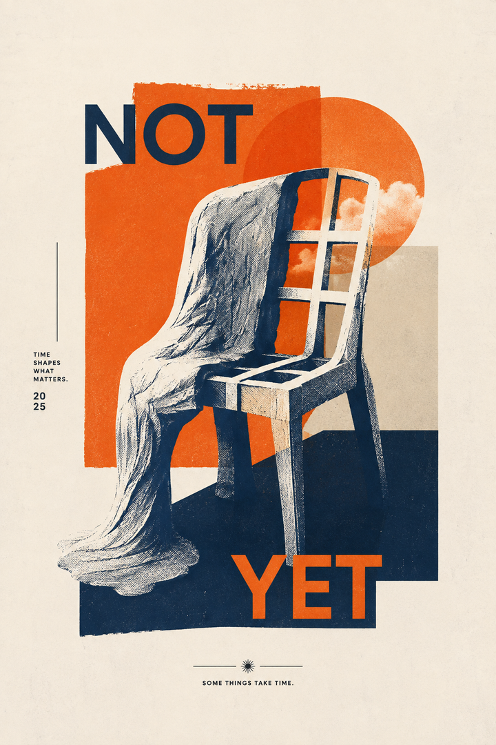 Retro wall art poster with abstract chair silhouette and bold “NOT”/“YET” lettering