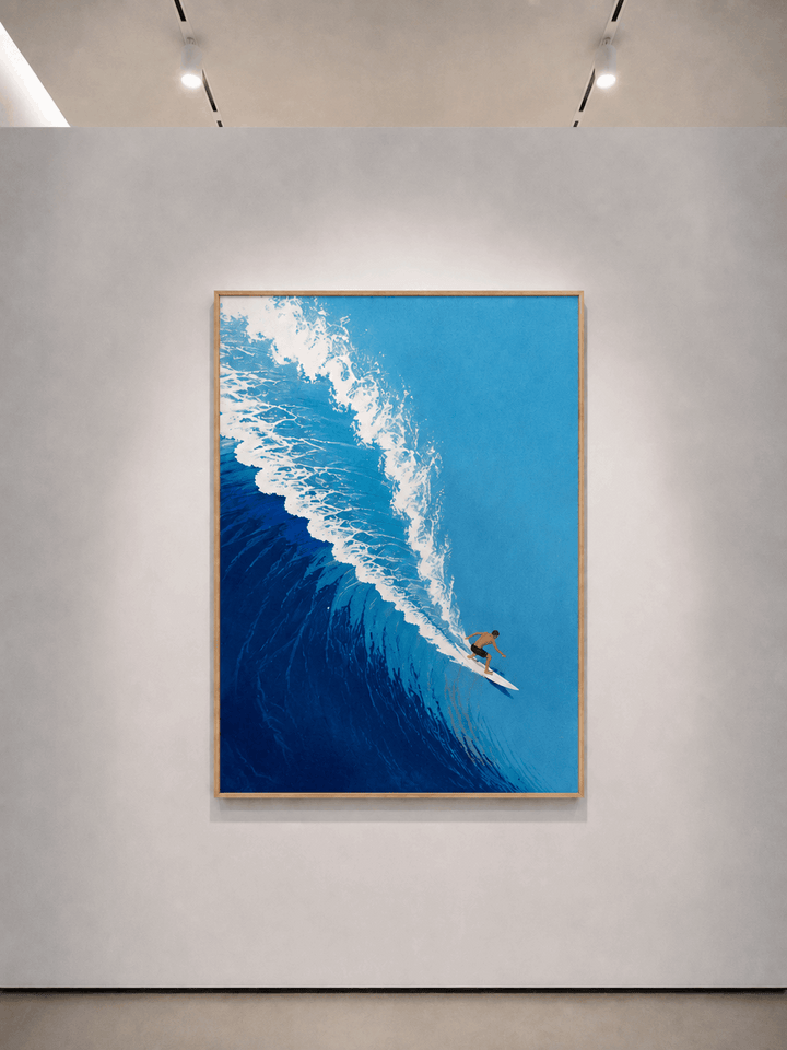 Azure Surf wall art with dark frame, blue ocean wave and surfer near the breaking line