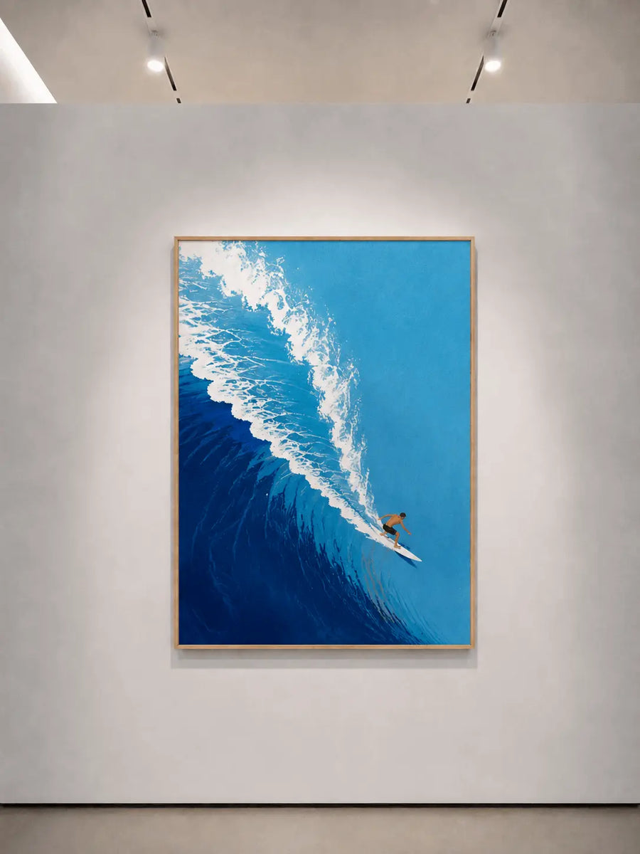 Azure Surf wall art with dark frame, blue ocean wave and surfer near the breaking line
