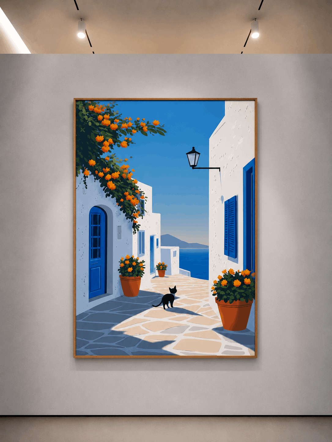 Framed vertical wall print of a blue alley with orange flower pots and black cat