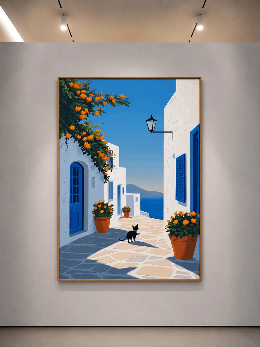 Framed vertical wall print of a blue alley with orange flower pots and black cat
