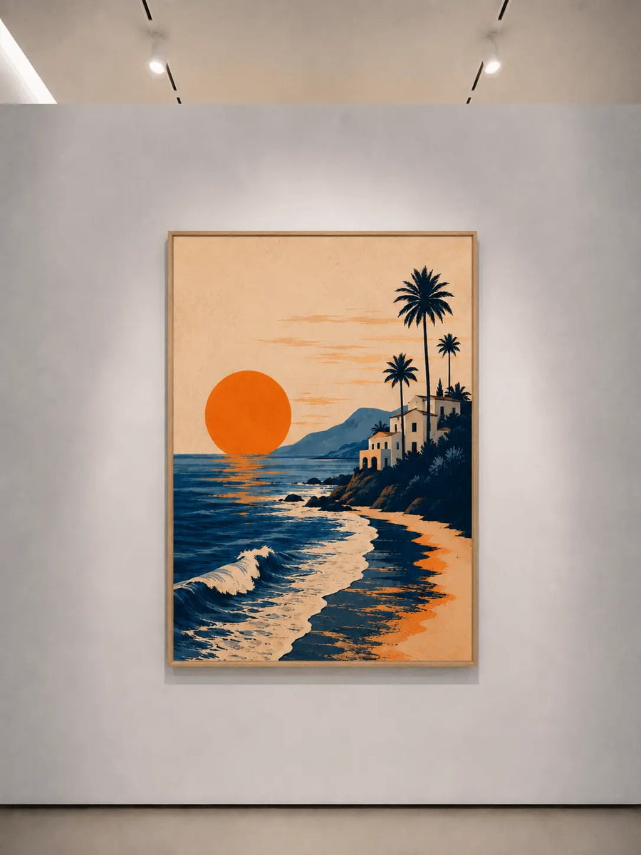 Wood-framed beach print with orange sun, ocean waves, and palm trees