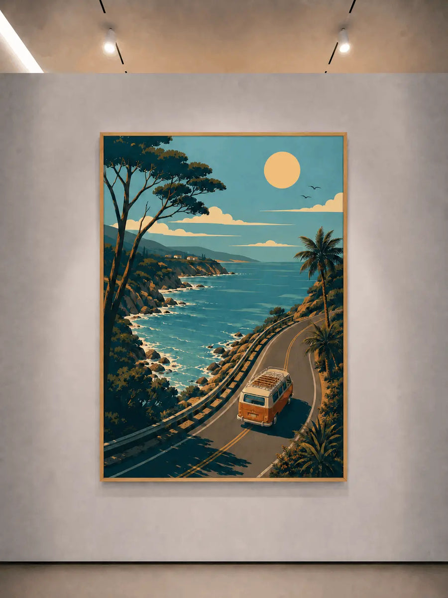 Coastal landscape wall art in an oak-toned frame with road, palms, and vintage van