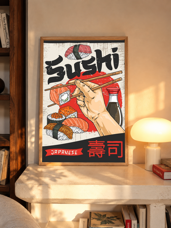 Oak-framed sushi wall art print with hand holding chopsticks, sushi rolls, red Japanese characters